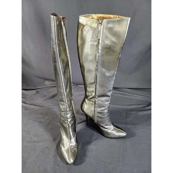 Vintage Giuseppe Zanotti Silver 5' Stiletto Knee High Leather Go-Go Boots 40 - Picture 1 of 9